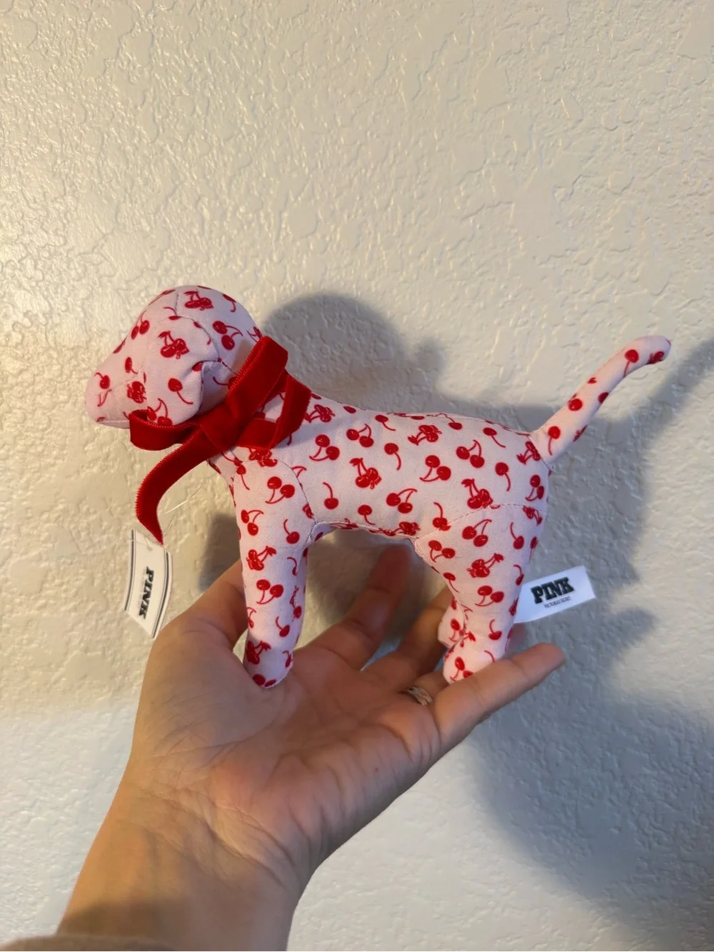 Victoria’s Secret Pink Y2K Pink Red Cherry Print Stuffed Animal Dog NEW OS - Picture 3 of 5